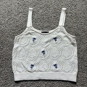 Nikkak White and Blue Ribbed Crop Tank Top Floral Embroidery Sz M Boho Summer